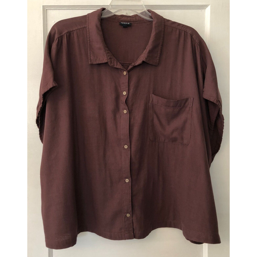 Torrid, Double Gauze Button Up Short Sleeve Shirt/Top, Women's 5/5X/28, Brown